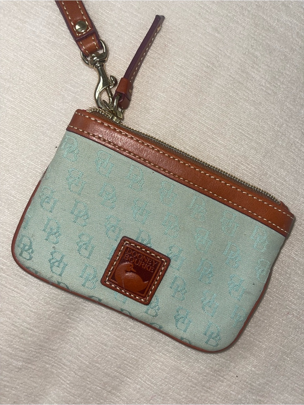 Dooney & Bourke Mint Signature Wristlet with Brown Leather Trim
